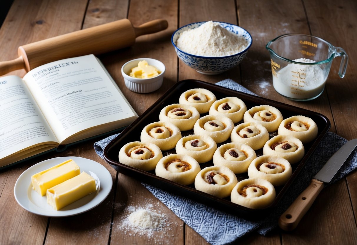 A wooden table with a rolling pin, flour, butter, and a tray of freshly baked gipfeli. A recipe book is open to the essential ingredients page