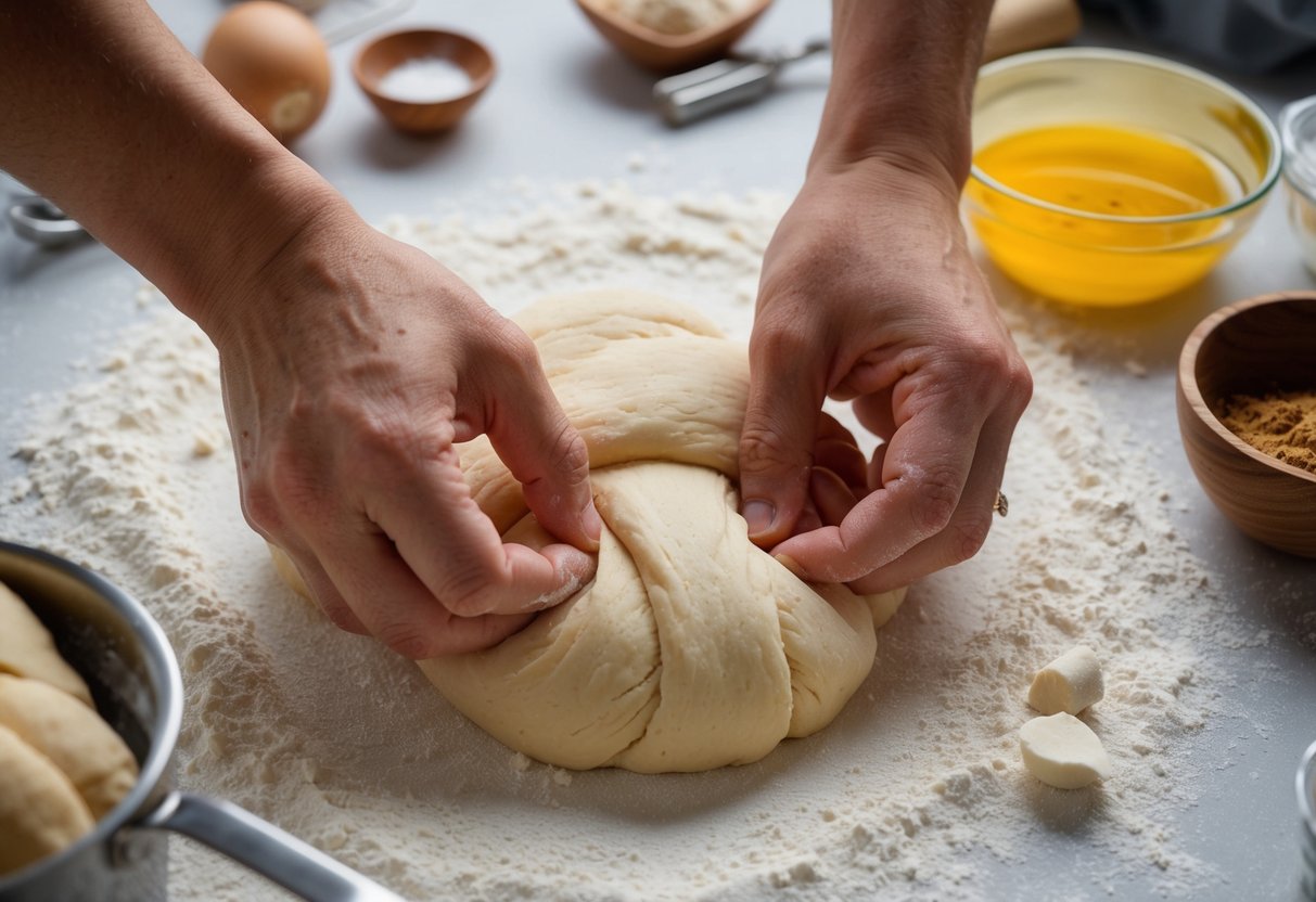 A pair of hands kneading dough on a floured surface, surrounded by ingredients and utensils for making gipfeli