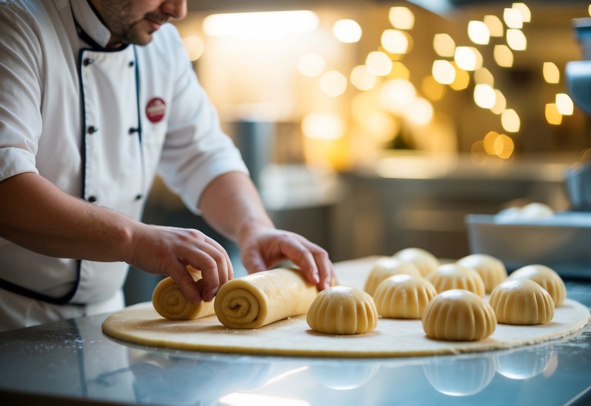 A baker rolls out dough, cuts and shapes gipfeli, then applies a shiny lamination before baking