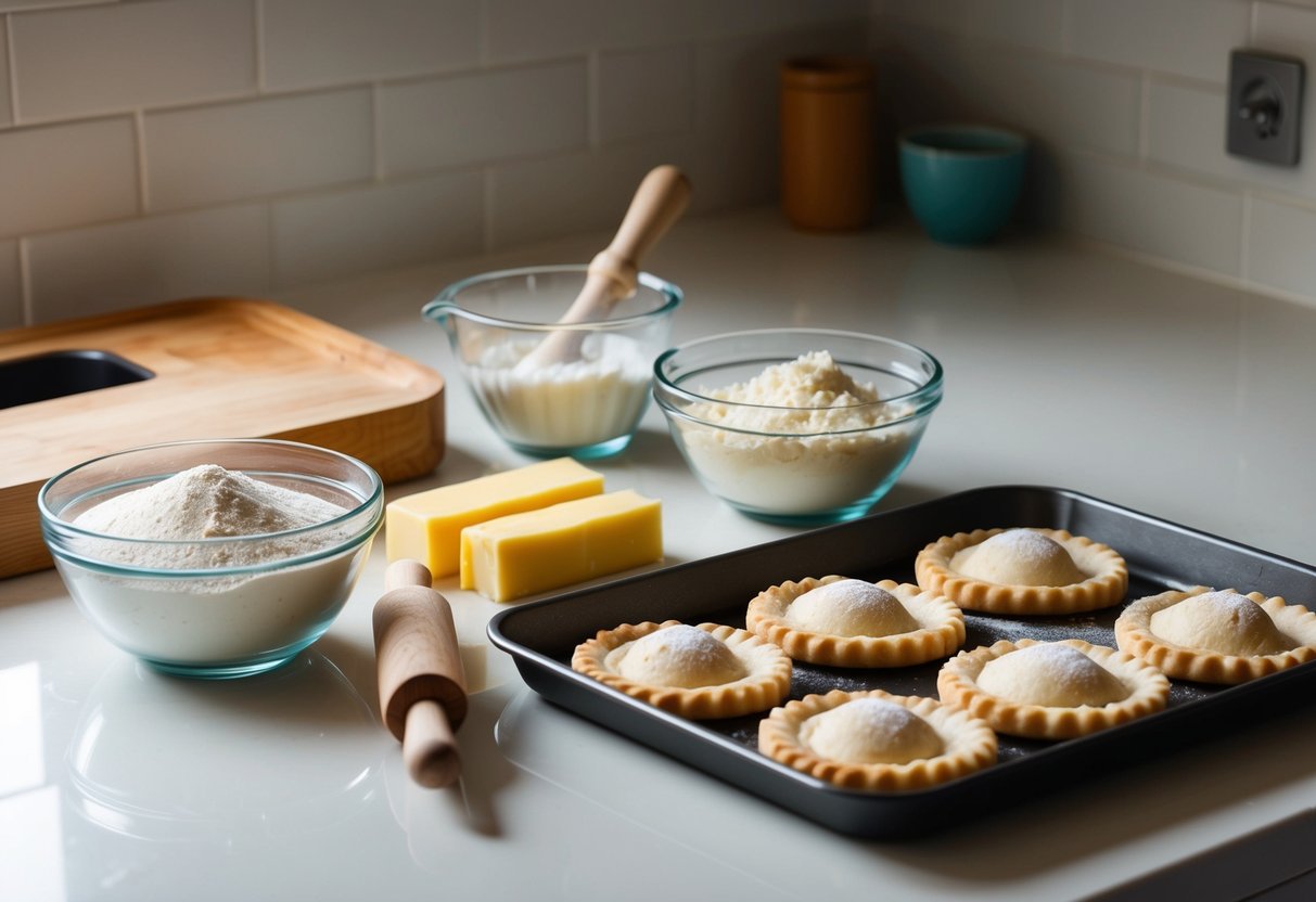 A kitchen counter with ingredients for gipfeli recipe, including flour, butter, and a rolling pin. A tray of freshly baked gipfeli sits nearby, ready for finishing touches