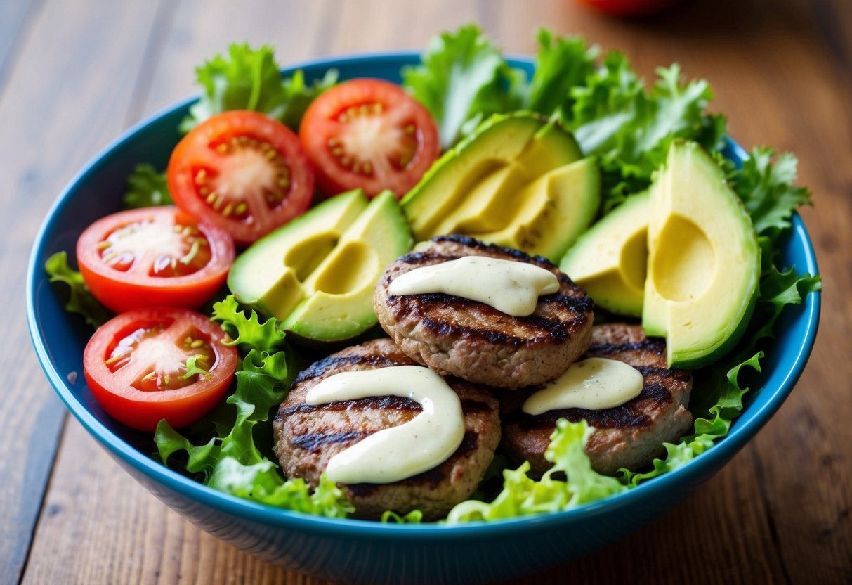 A colorful array of fresh lettuce, juicy tomatoes, grilled burger patties, avocado slices, and a drizzle of creamy dressing in a bowl