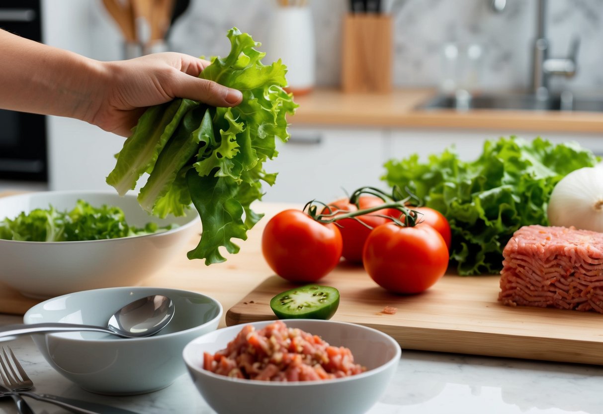 A hand reaching for fresh lettuce, tomatoes, onions, and ground beef on a kitchen counter. Bowls and utensils are arranged neatly nearby