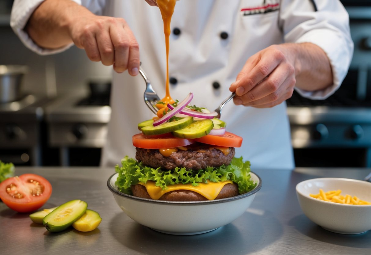 A chef prepares a burger bowl, layering lettuce, tomatoes, cheese, and ground beef in a bowl. They top it with pickles, onions, and a drizzle of special sauce