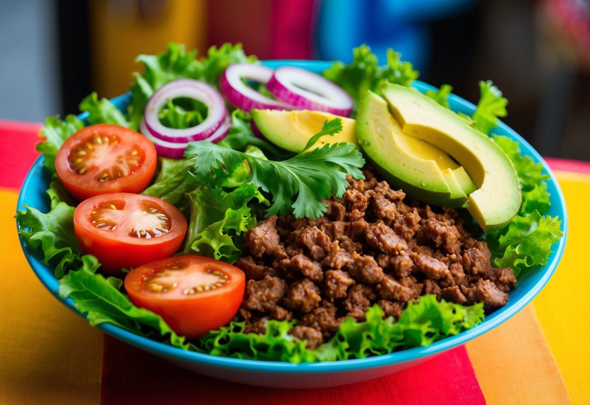 A colorful array of fresh lettuce, juicy tomatoes, grilled onions, avocado slices, and seasoned ground beef arranged in a vibrant bowl