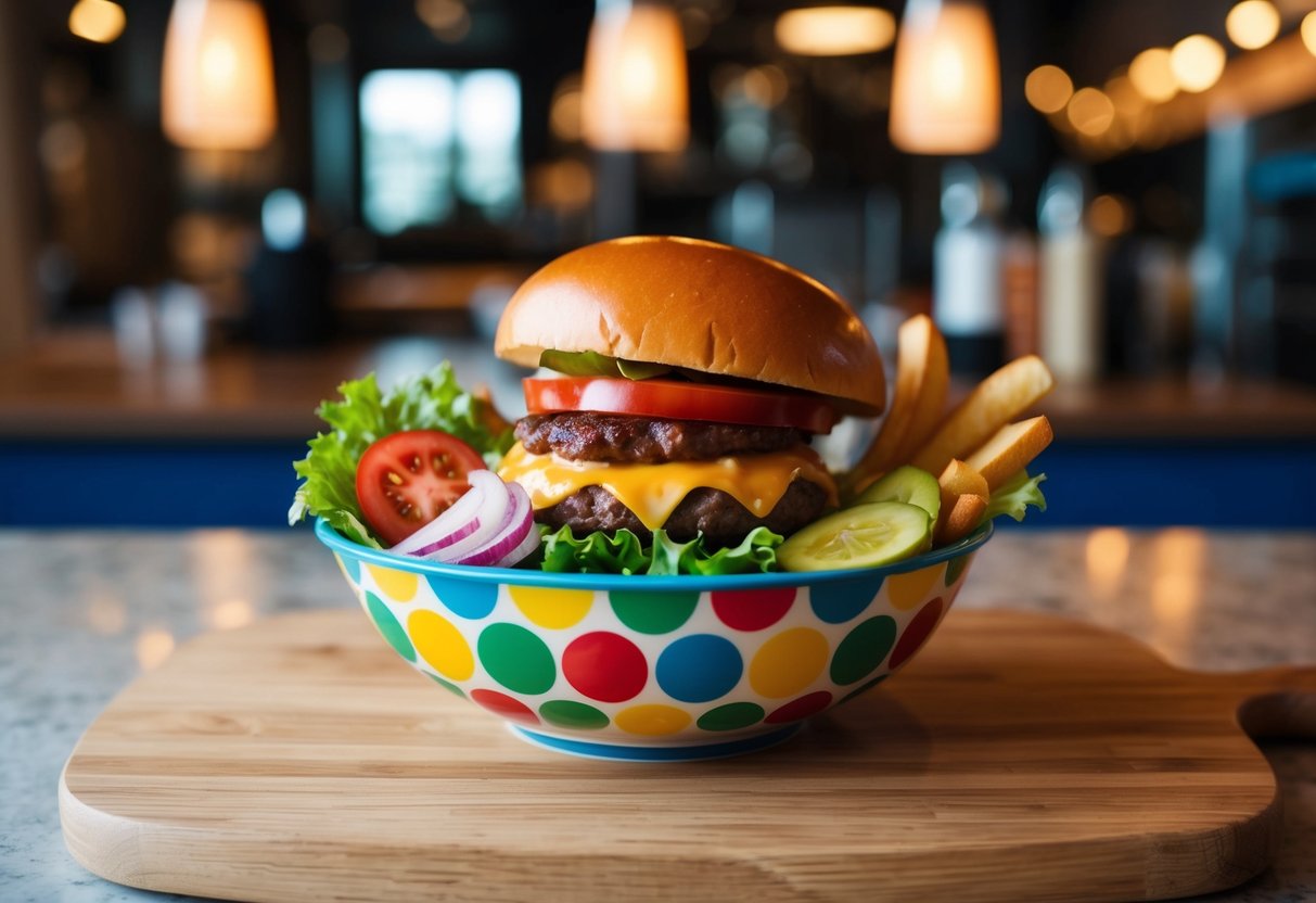 A colorful bowl filled with a variety of burger toppings and sides, such as lettuce, tomatoes, pickles, onions, cheese, and condiments