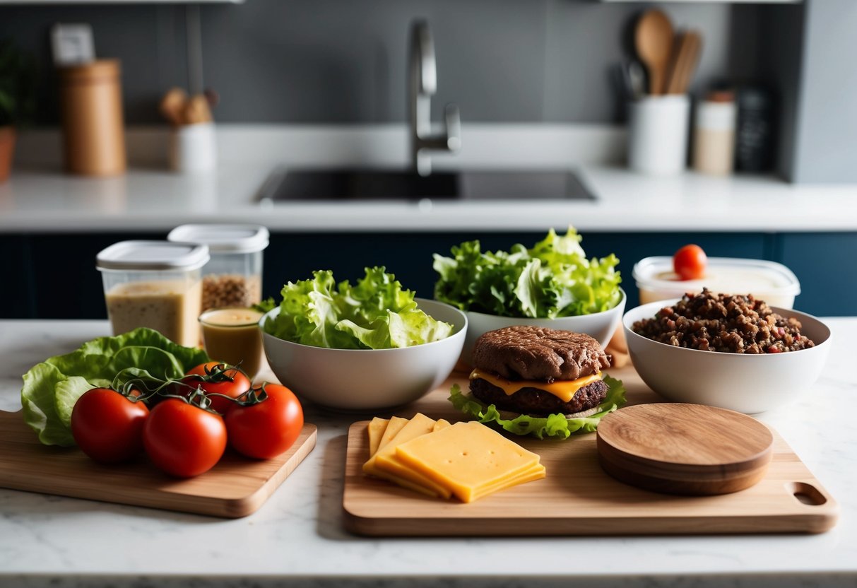 A kitchen counter with various ingredients laid out for a burger bowl recipe, including lettuce, tomatoes, ground beef, cheese, and condiments. Containers for meal prep and storage are also visible