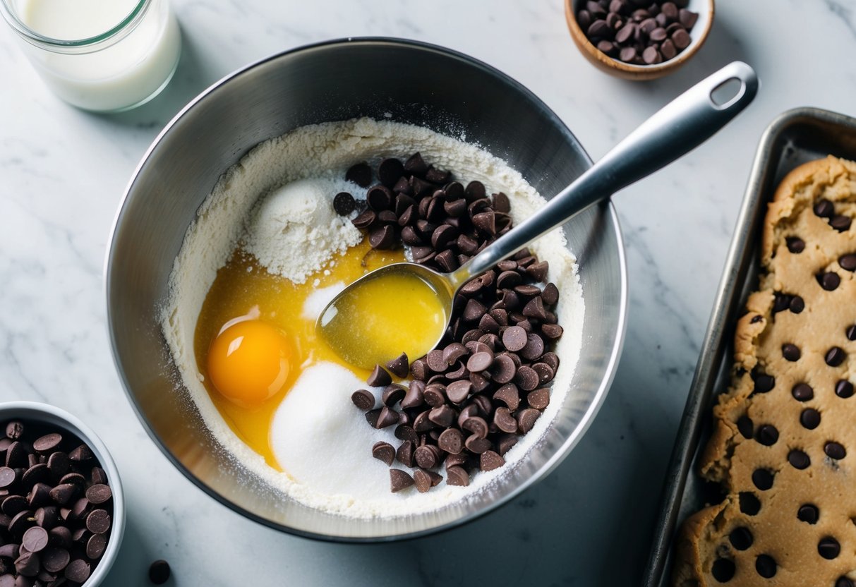 A mixing bowl filled with flour, sugar, and chocolate chips. A spoon stirs in melted butter and eggs. A tray of raw cookie dough sits nearby