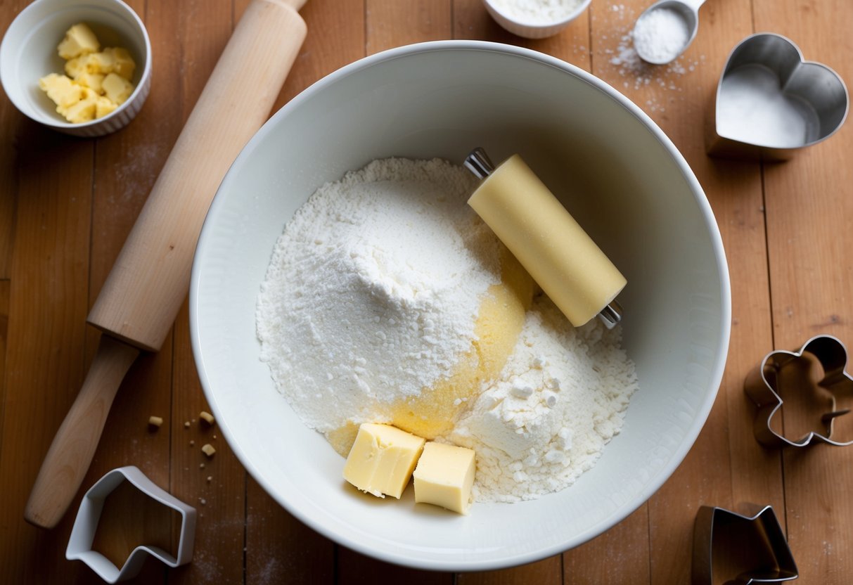 A mixing bowl filled with flour, sugar, and butter. A rolling pin and cookie cutters on a wooden table. Ingredients scattered around