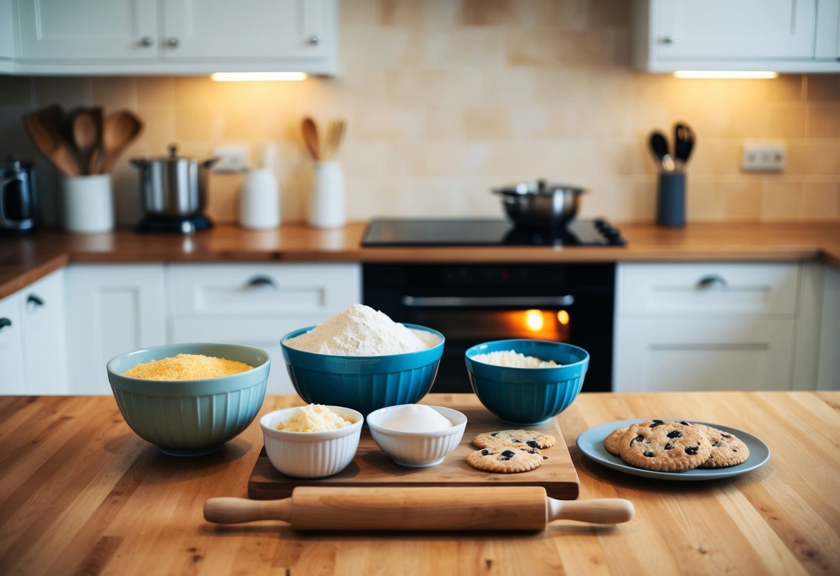 A kitchen counter with ingredients for Crookies recipe laid out, mixing bowl, and a rolling pin. A warm oven in the background