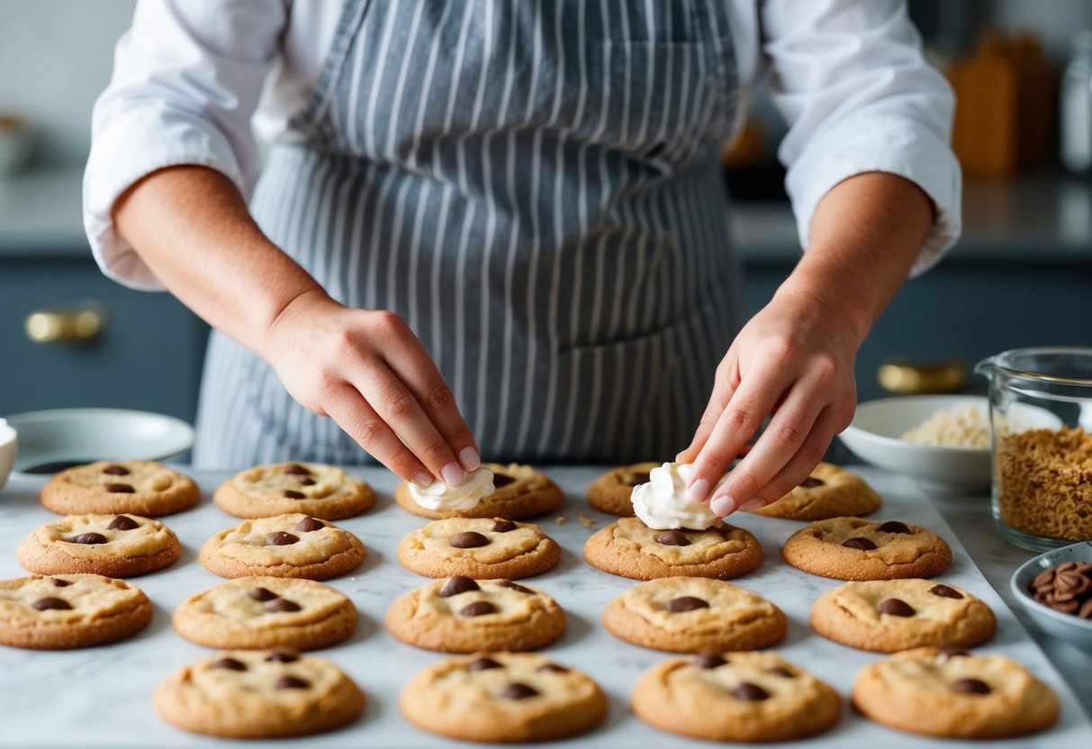 A baker's hands placing finishing touches on a batch of crookies, with variations of the recipe displayed on a nearby table