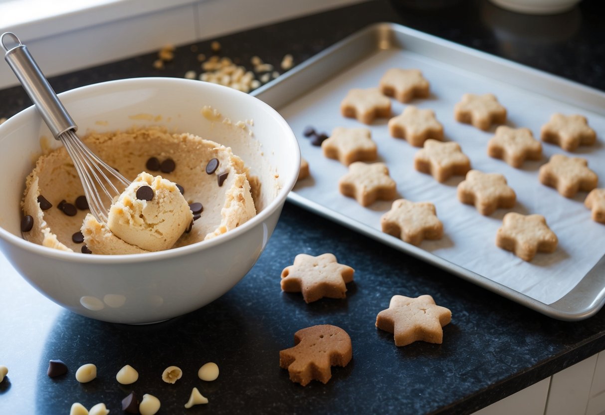 A mixing bowl filled with cookie dough sits on a counter next to a tray of shaped crookies ready for baking. Ingredients like chocolate chips and nuts are scattered around the scene