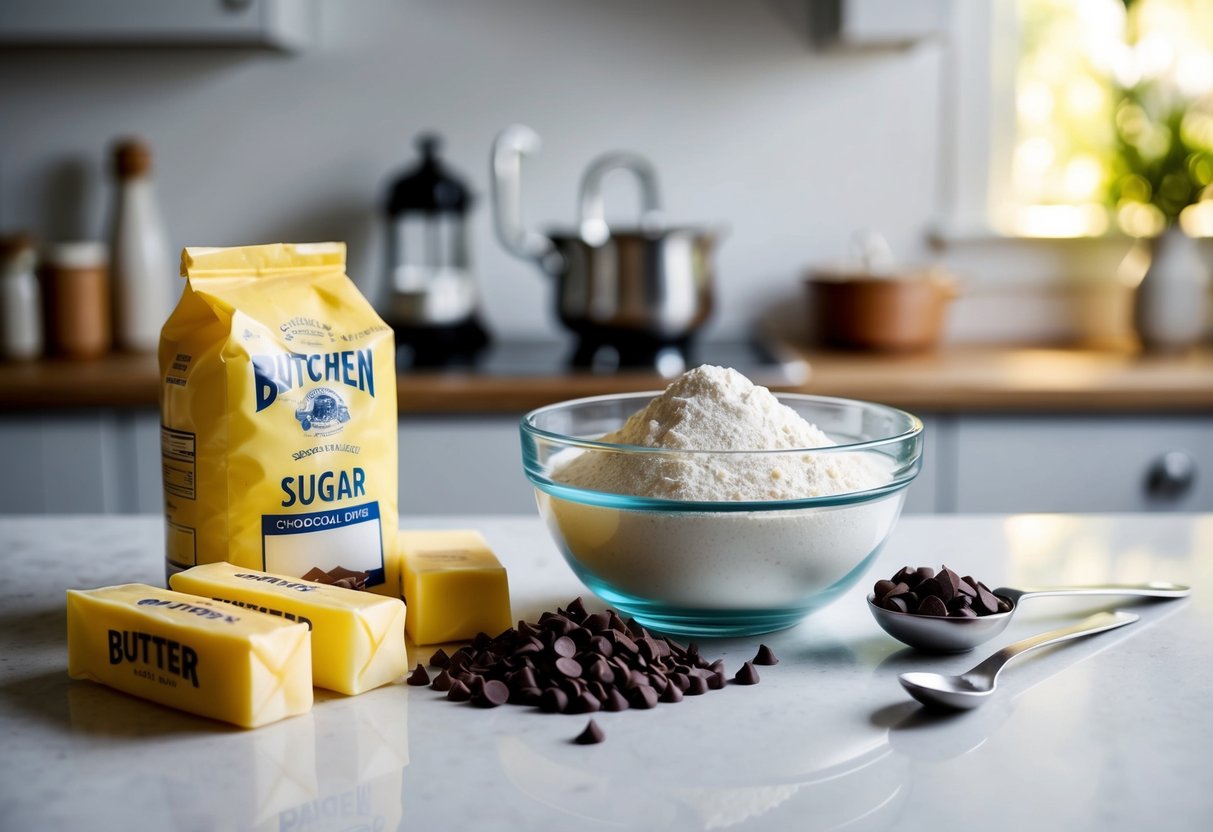 A kitchen counter with ingredients laid out for crookies recipe, including flour, butter, sugar, and chocolate chips. Mixing bowl and spoon nearby