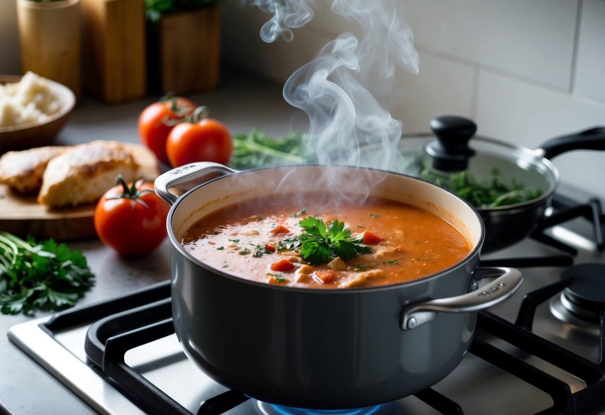 A pot of smoky chicken tomato bisque simmers on a stovetop, emitting fragrant steam. Ingredients like chicken, tomatoes, and herbs are arranged nearby