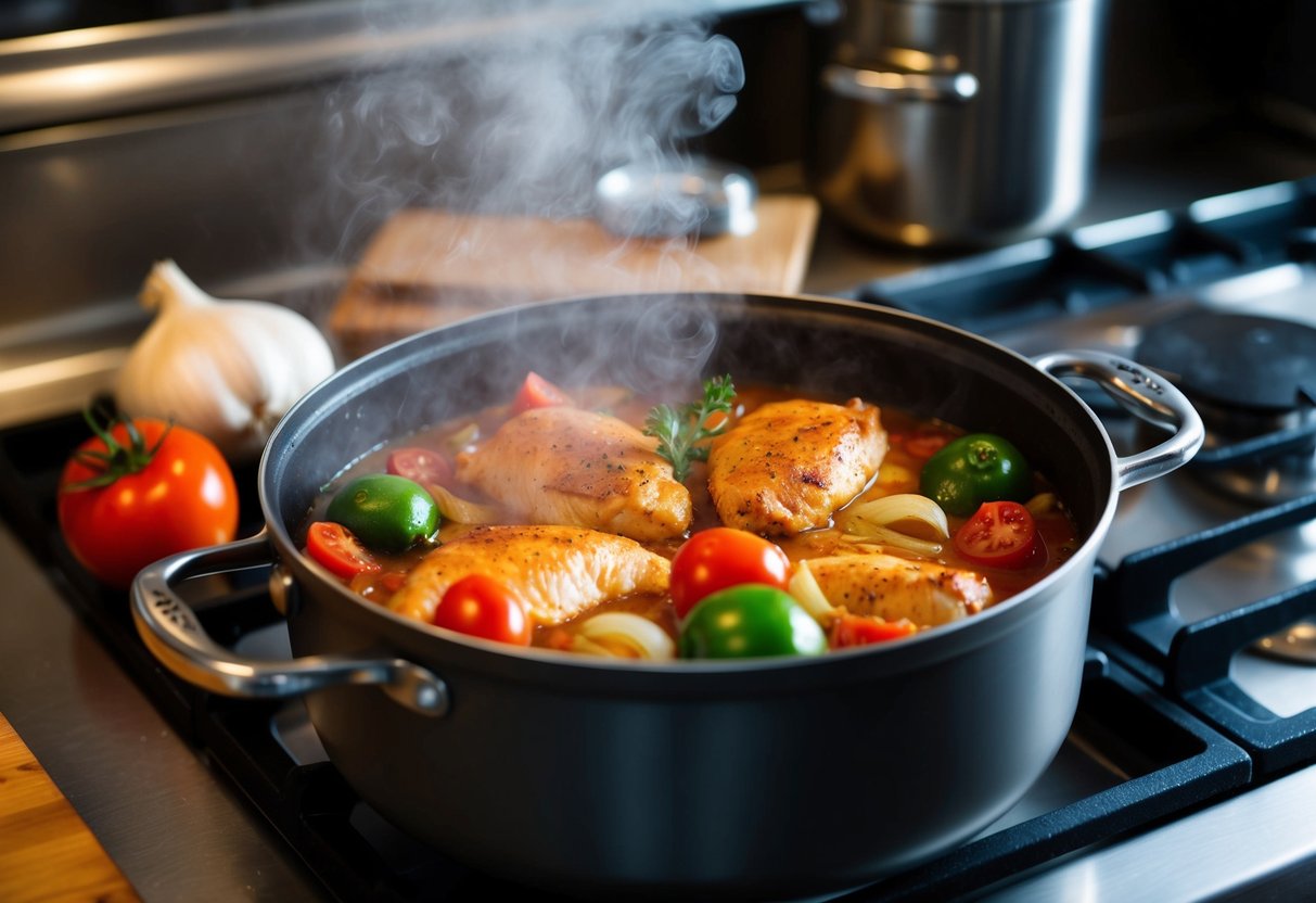 A pot simmering on a stovetop, filled with smoky chicken, tomatoes, and aromatic vegetables like onions and garlic. A cloud of steam rises from the pot, filling the kitchen with a rich, savory scent