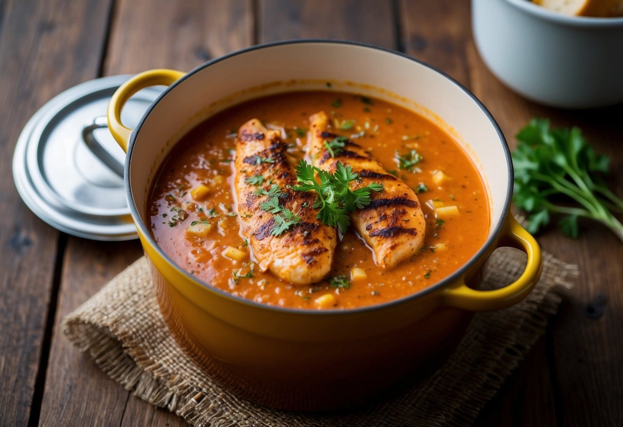 A pot of simmering tomato bisque with herbs and seasonings, topped with smoky grilled chicken