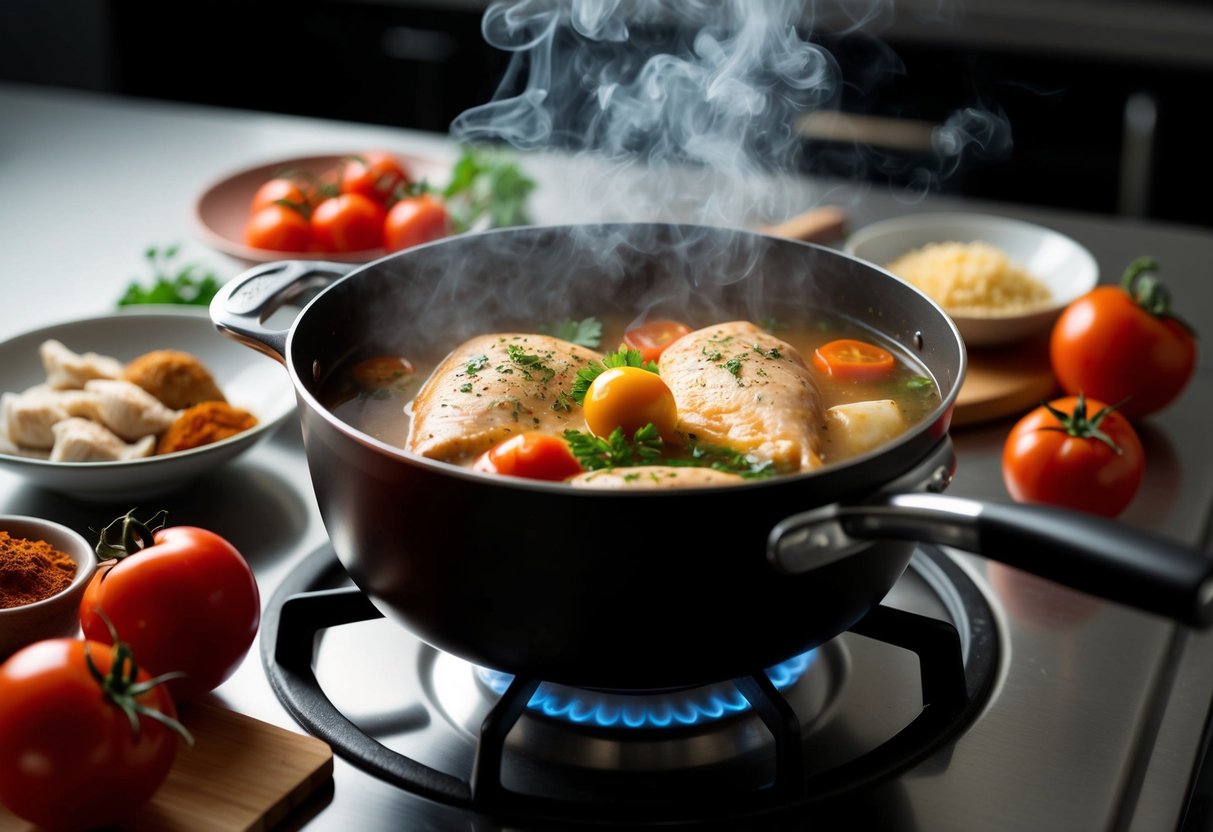 A pot simmers on a stovetop, emitting fragrant smoke. Ingredients like chicken, tomatoes, and spices surround the pot, ready to be added to the bubbling broth