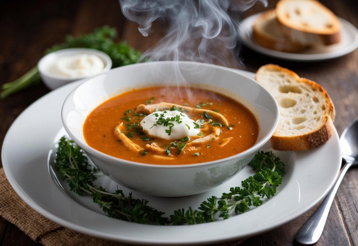 A steaming bowl of smoky chicken tomato bisque is surrounded by a sprinkle of fresh herbs, a dollop of sour cream, and a slice of crusty bread