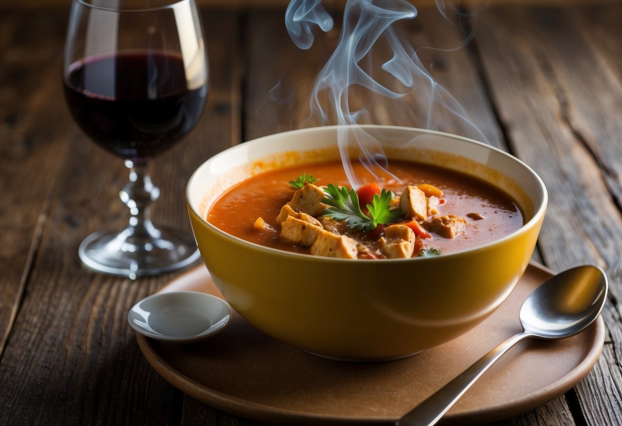 A steaming bowl of smoky chicken tomato bisque sits next to a glass of red wine on a rustic wooden table. A serving spoon rests on a small plate beside the bowl