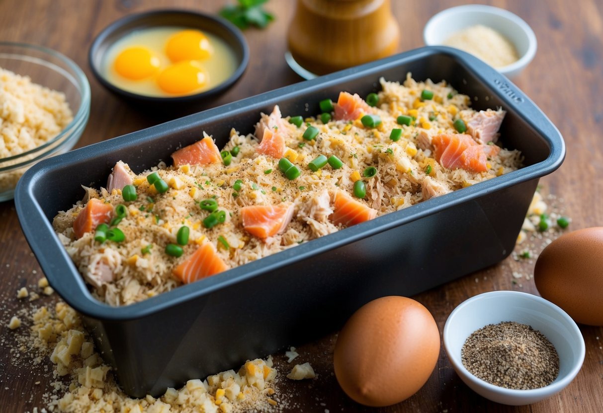 A loaf pan filled with a mixture of canned tuna and salmon, surrounded by ingredients like breadcrumbs, eggs, and seasonings