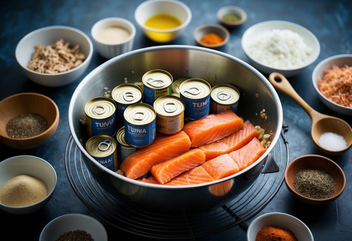 A mixing bowl filled with canned tuna and salmon, surrounded by various ingredients and spices, ready to be combined into a loaf recipe