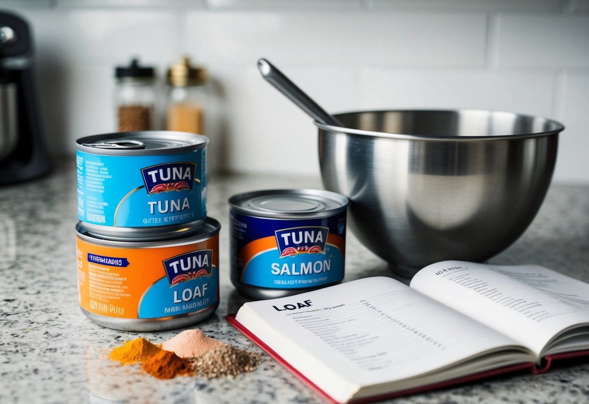 Cans of tuna and salmon sit on a countertop next to a mixing bowl and various spices. A recipe book is open to a page titled "Loaf" with both fish listed as ingredients