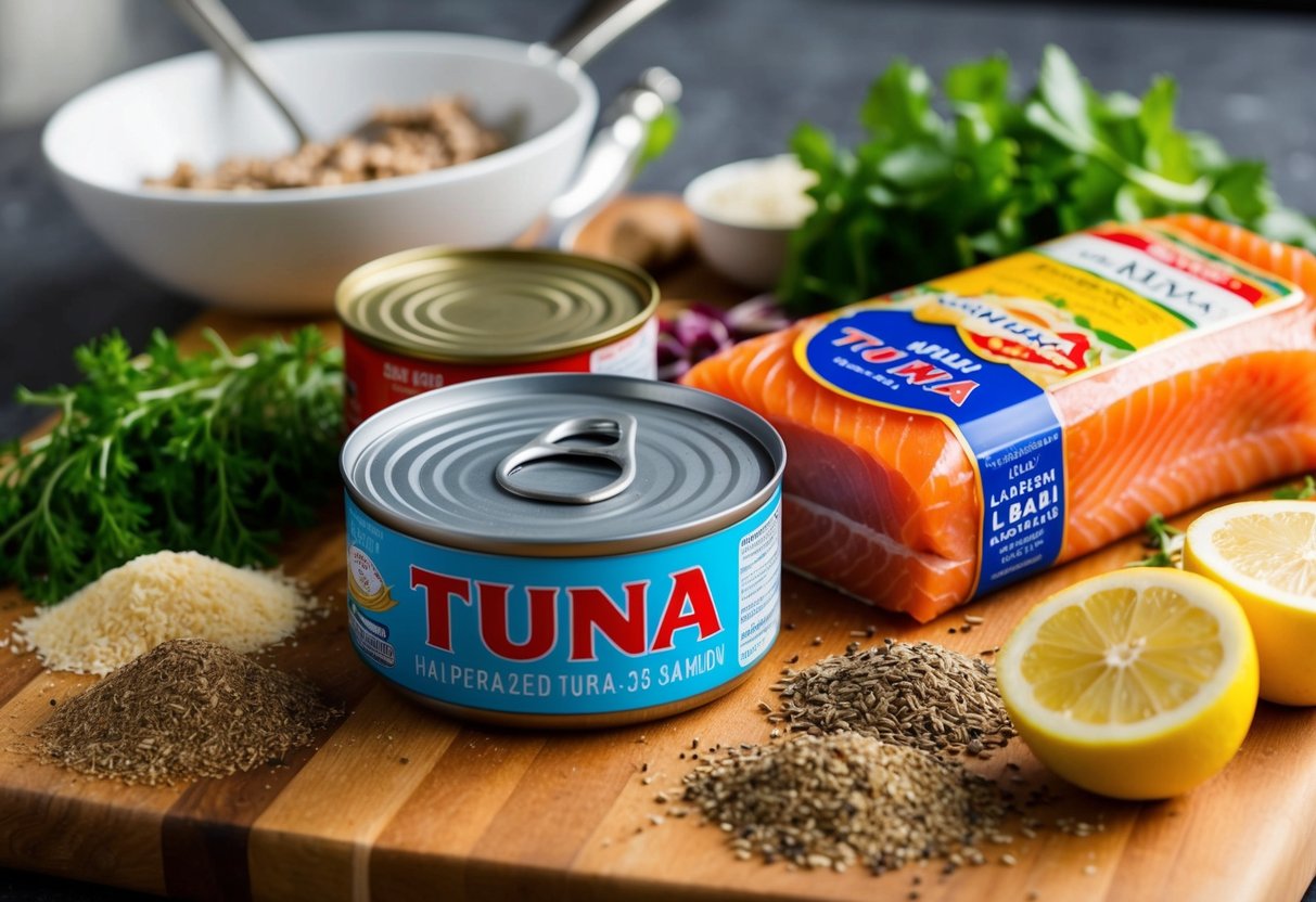 A cutting board with a can of tuna and a can of salmon, surrounded by various herbs, spices, and other ingredients commonly used in loaf recipes