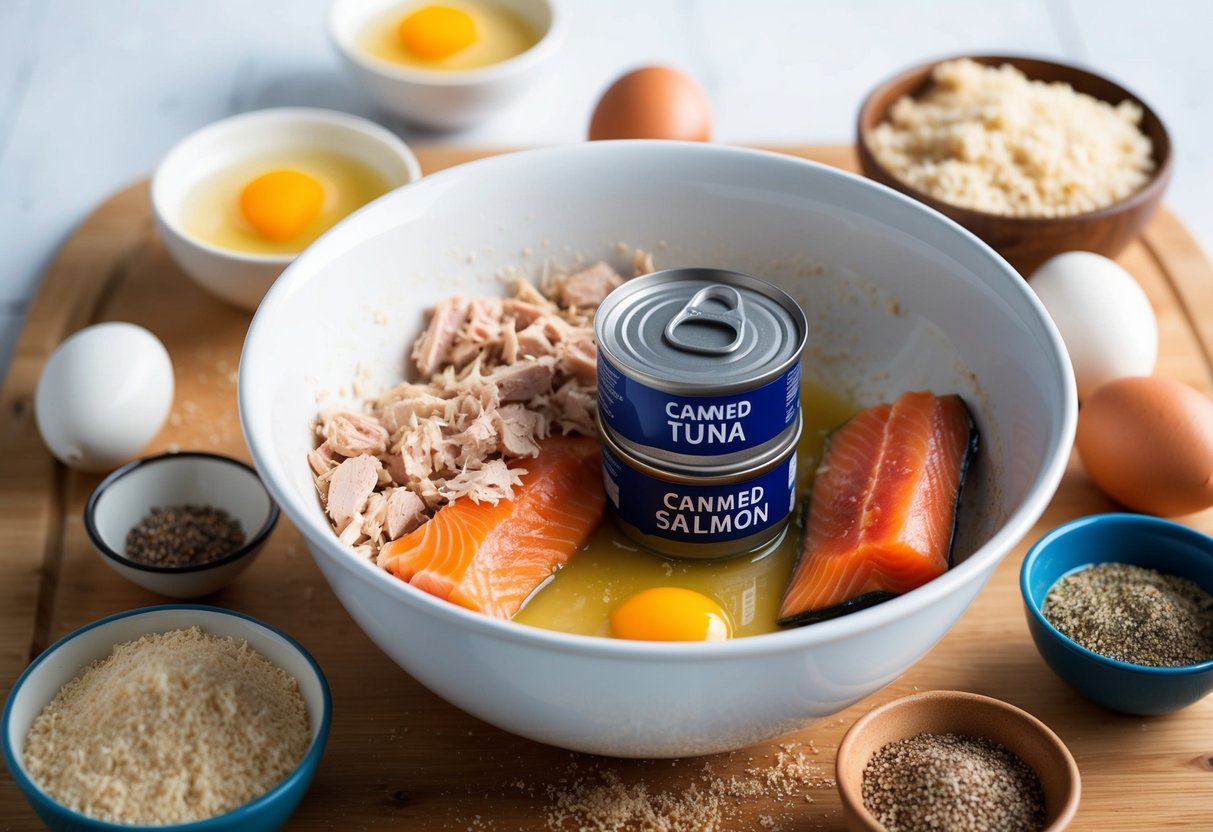 A mixing bowl with canned tuna and salmon, surrounded by various ingredients like breadcrumbs, eggs, and seasonings