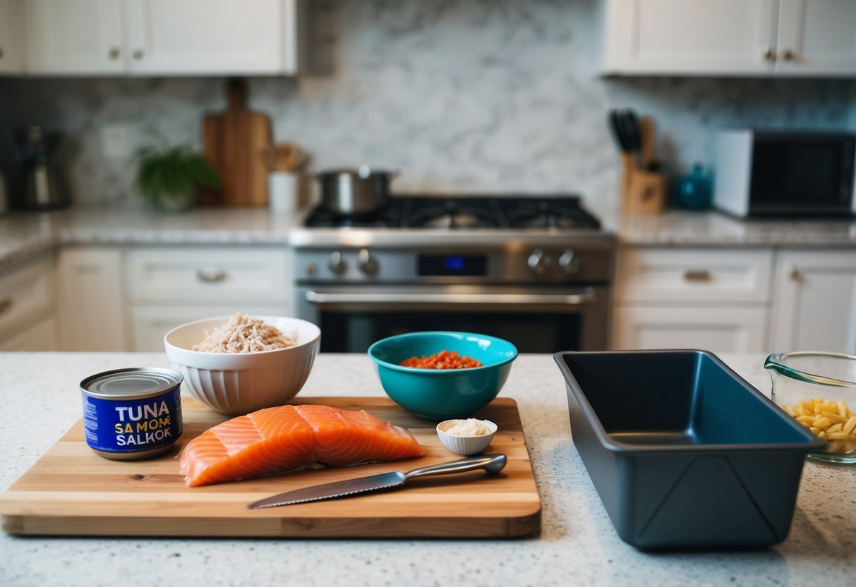 A kitchen counter with ingredients like tuna and salmon, a mixing bowl, and a loaf pan