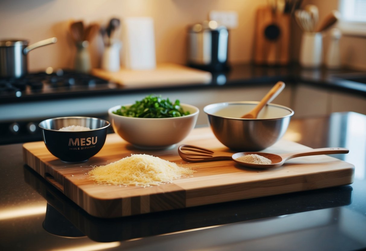 A wooden cutting board with various ingredients including mesu, a mixing bowl, and cooking utensils on a kitchen counter