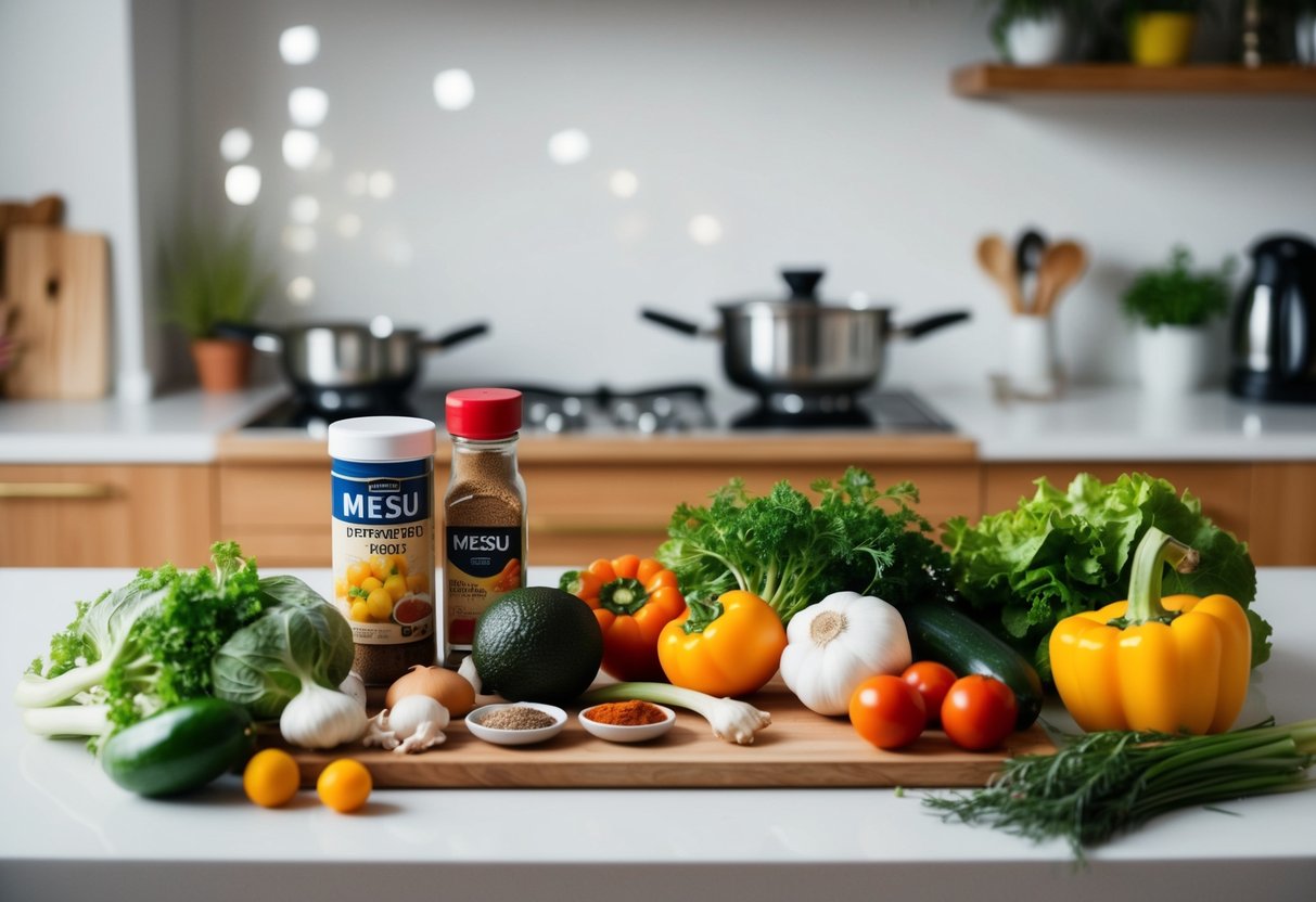 A kitchen counter with assorted ingredients like mesu, vegetables, and spices laid out for a recipe