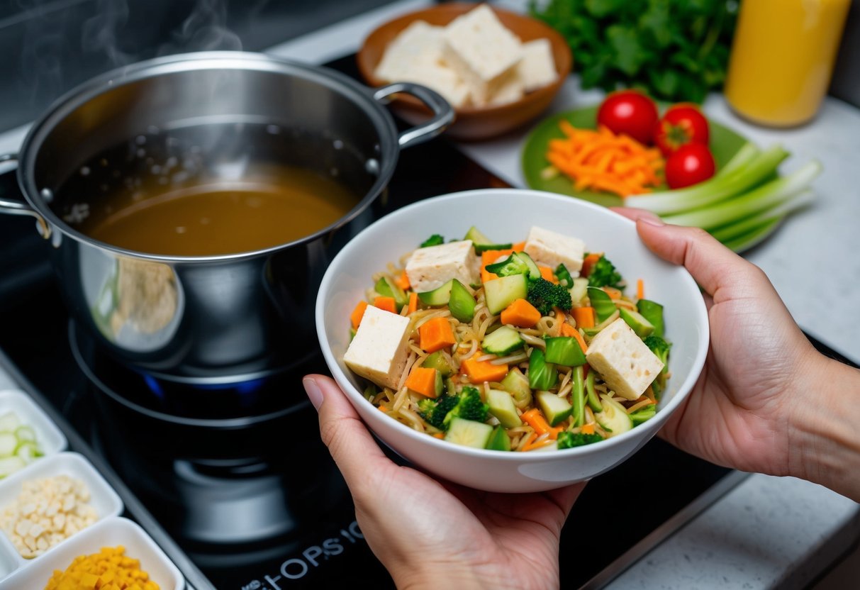 A hand holding a bowl of mixed mesu with chopped vegetables and tofu. A pot of boiling water on the stove. Ingredients arranged on the counter