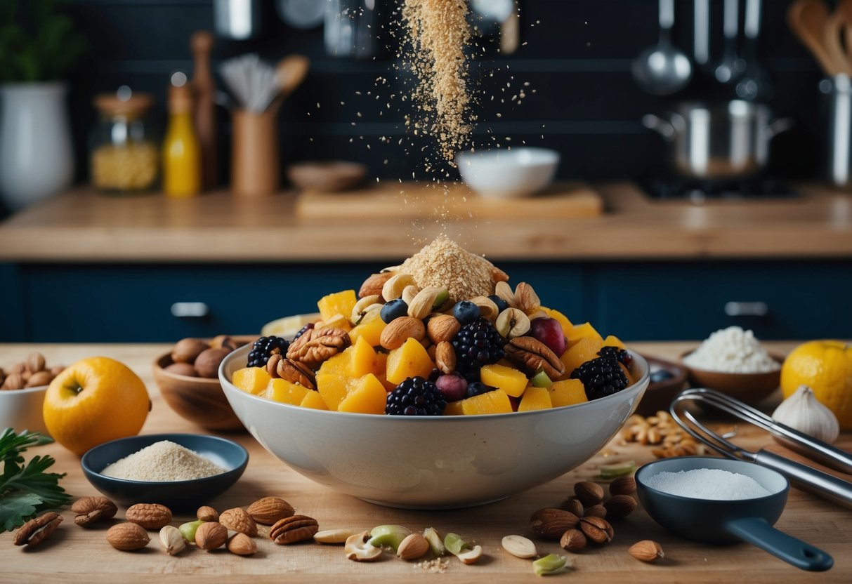 A bowl of mixed fruits and nuts with a sprinkle of mesu, surrounded by a variety of cooking ingredients and utensils on a kitchen counter