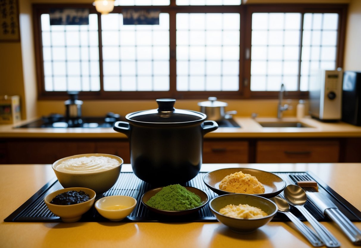 A traditional Japanese kitchen with various ingredients laid out, including miso paste, a pot, and cooking utensils