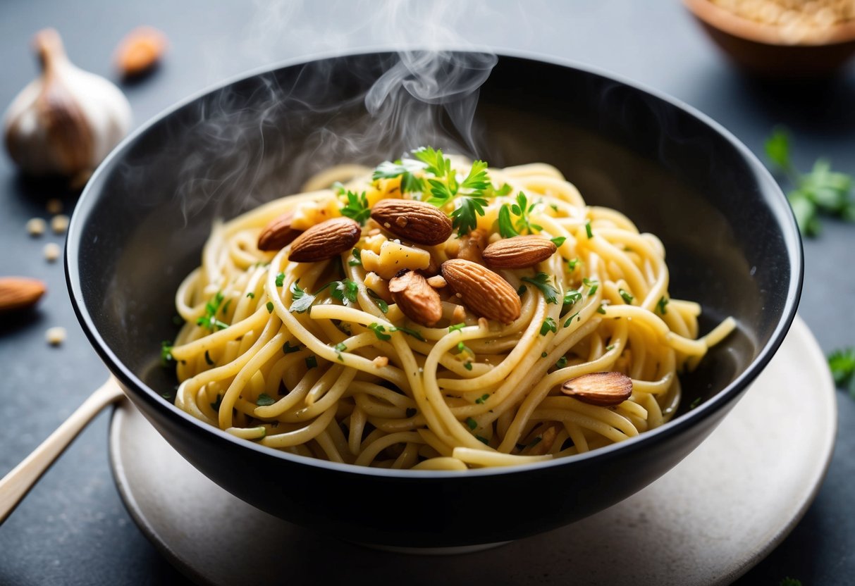 A steaming bowl of noodles with toasted almonds, garlic, and herbs in a savory sauce