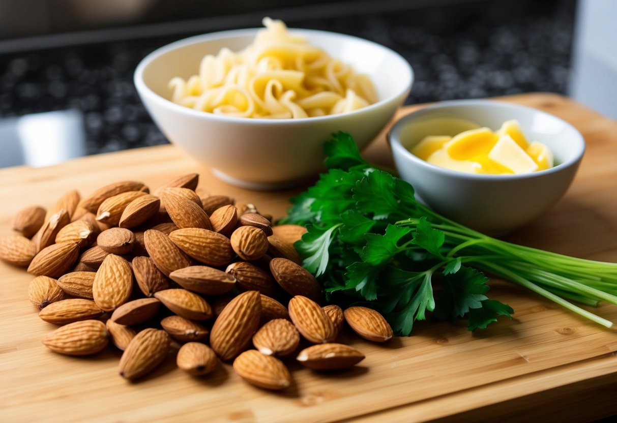 A wooden cutting board with a pile of raw almonds, a handful of fresh parsley, a bowl of egg noodles, and a small dish of melted butter