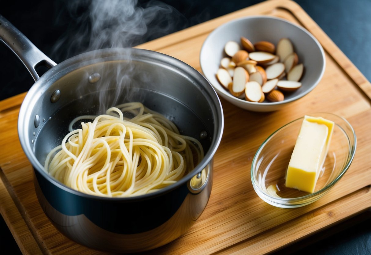 A pot of boiling water, a handful of thin noodles, and a dish of sliced almonds and butter on a wooden cutting board