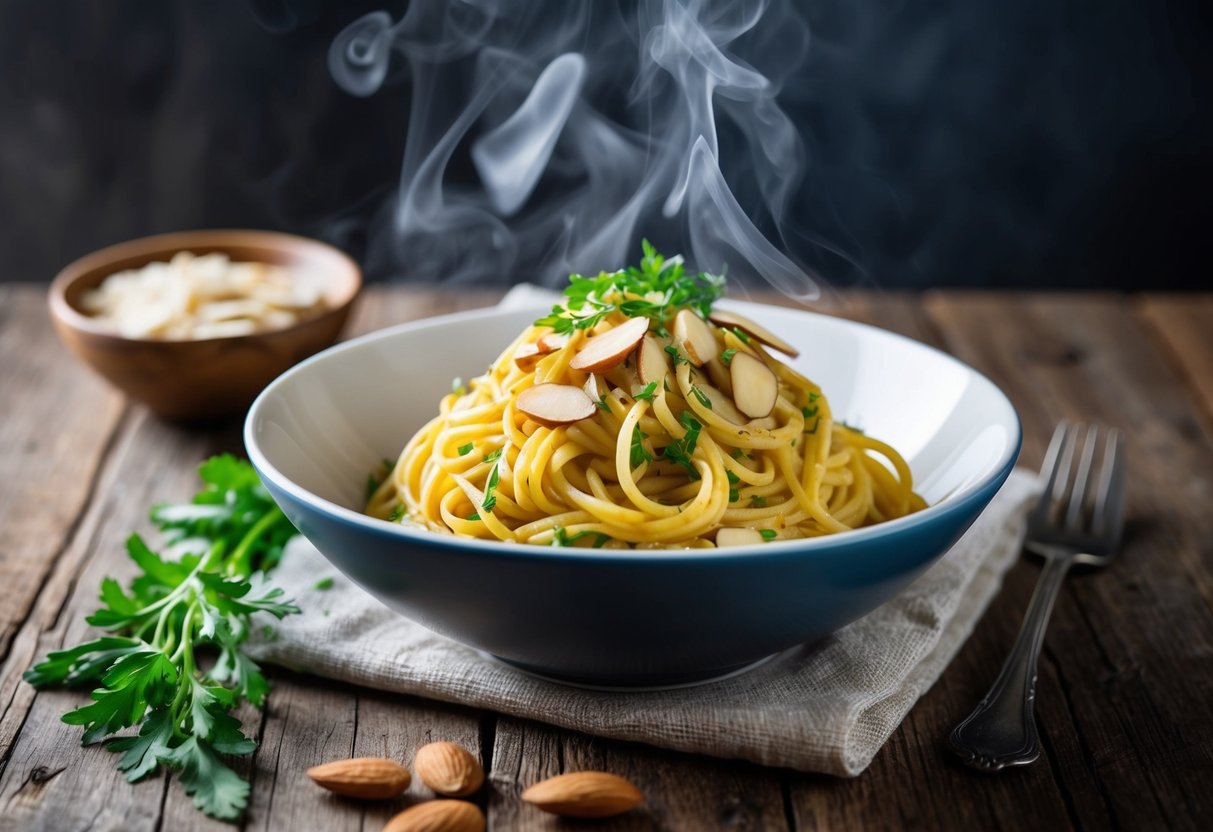 A steaming bowl of Nutritional Insights' best noodles almondine, topped with slivered almonds and fresh herbs, sits on a rustic wooden table