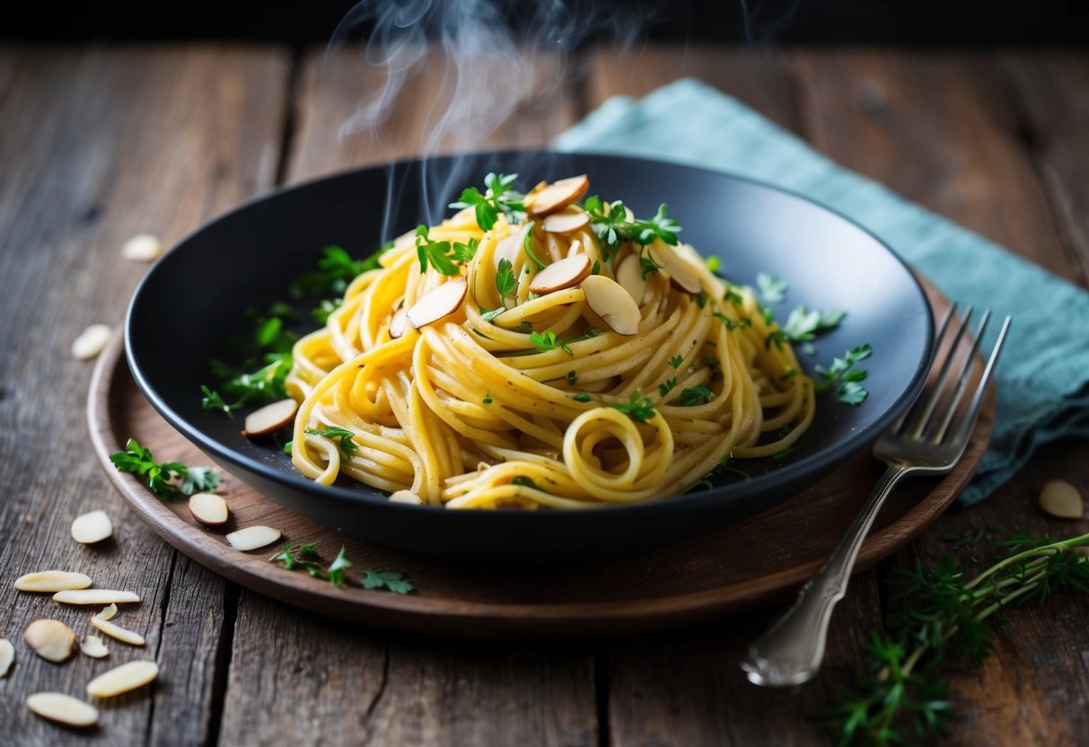 A steaming plate of noodles almondine sits on a rustic wooden table, garnished with slivered almonds and fresh herbs. A fork rests beside the dish