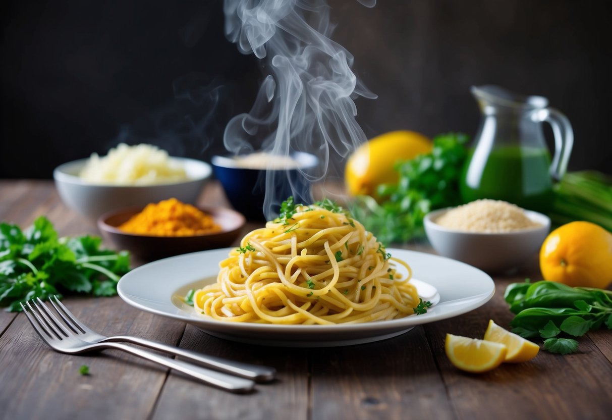 A steaming plate of noodles almondine surrounded by fresh ingredients and cooking utensils