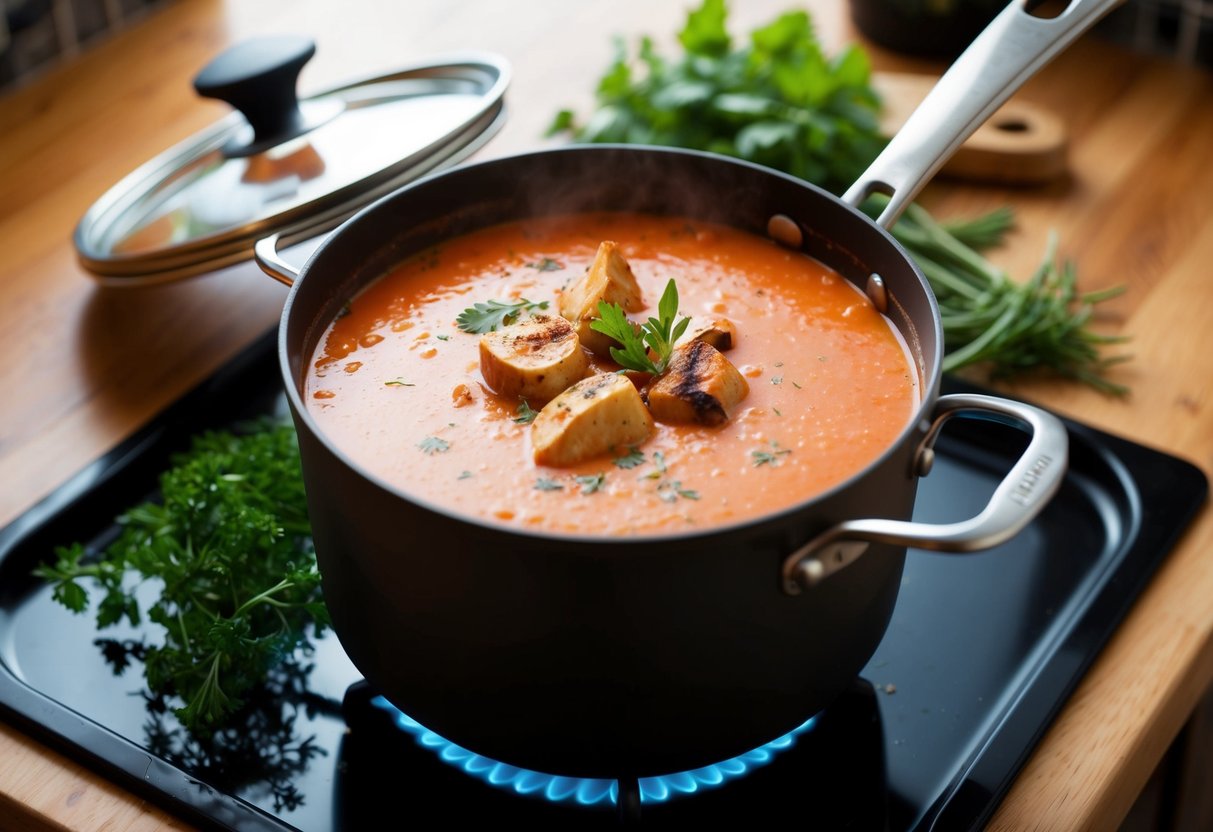 A pot simmering on a stove, filled with creamy tomato bisque infused with smoky chicken, surrounded by fresh herbs and spices