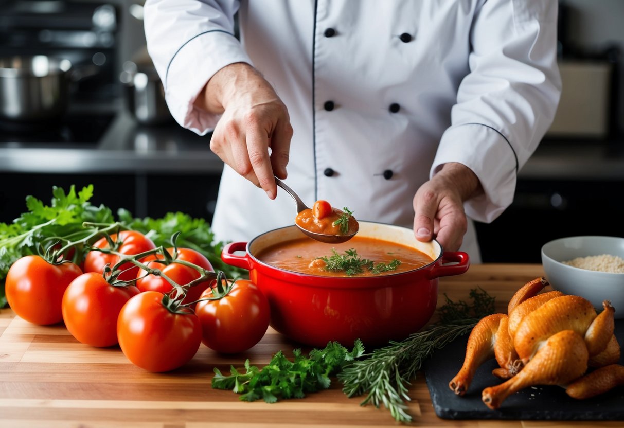 A chef carefully selects fresh tomatoes, aromatic herbs, and tender smoked chicken for a flavorful tomato bisque