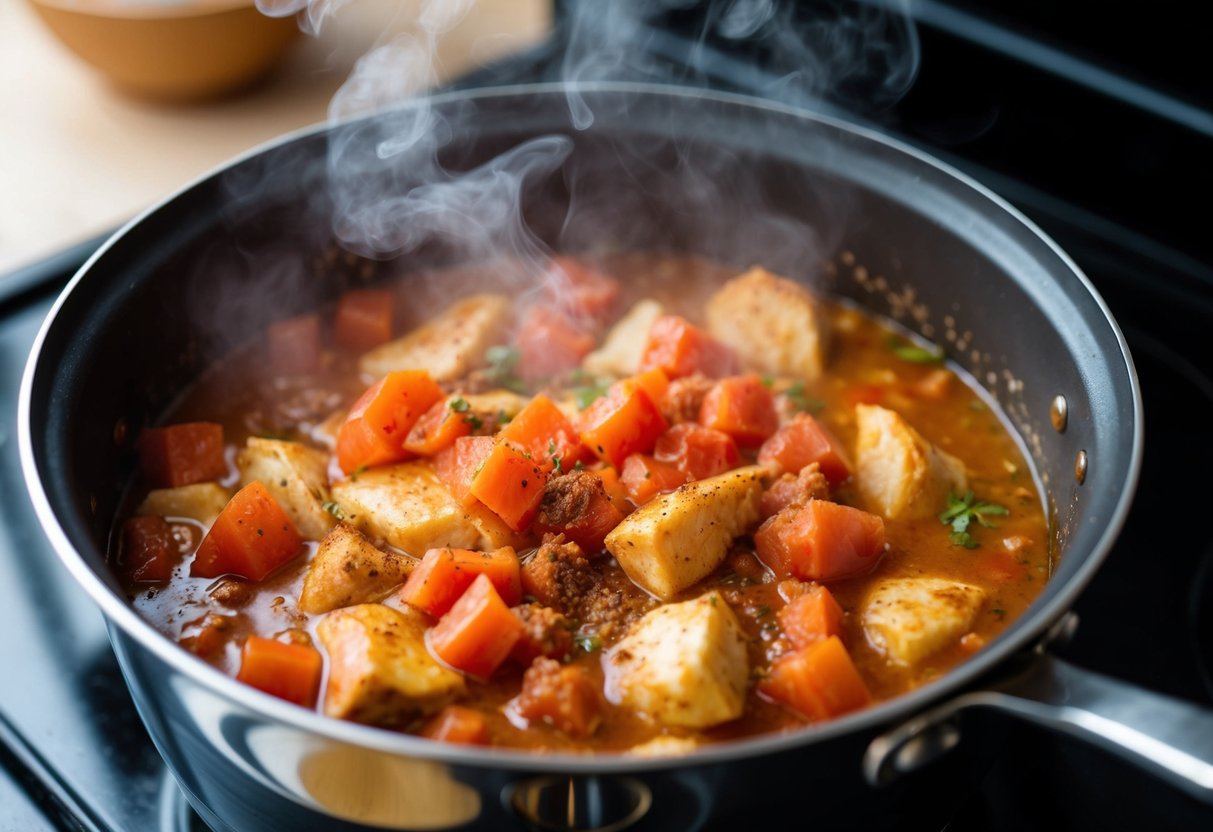 A pot simmers on a stovetop with diced tomatoes, chicken, and spices. Steam rises as the ingredients meld together, creating a rich, smoky aroma