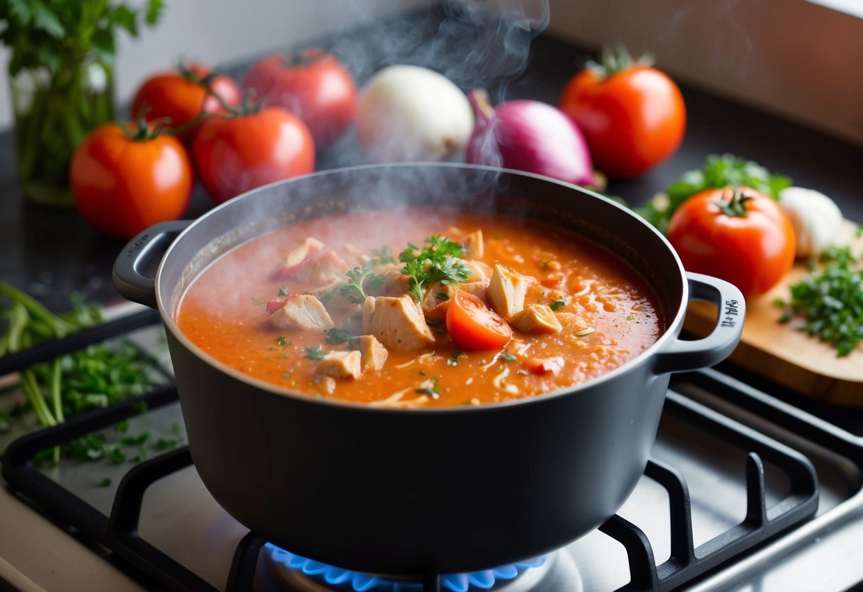 A steaming pot of smoky chicken tomato bisque simmers on a stovetop, surrounded by fresh ingredients like tomatoes, onions, and herbs