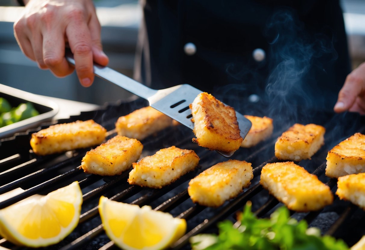 A chef grills swordfish nuggets on a hot barbecue, flipping them with a spatula until they are golden brown and crispy on the outside. Lemon wedges and fresh herbs sit nearby for garnish