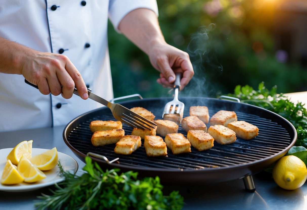 A chef grilling swordfish nuggets on a barbecue, surrounded by fresh herbs and spices, with a plate of lemon wedges nearby