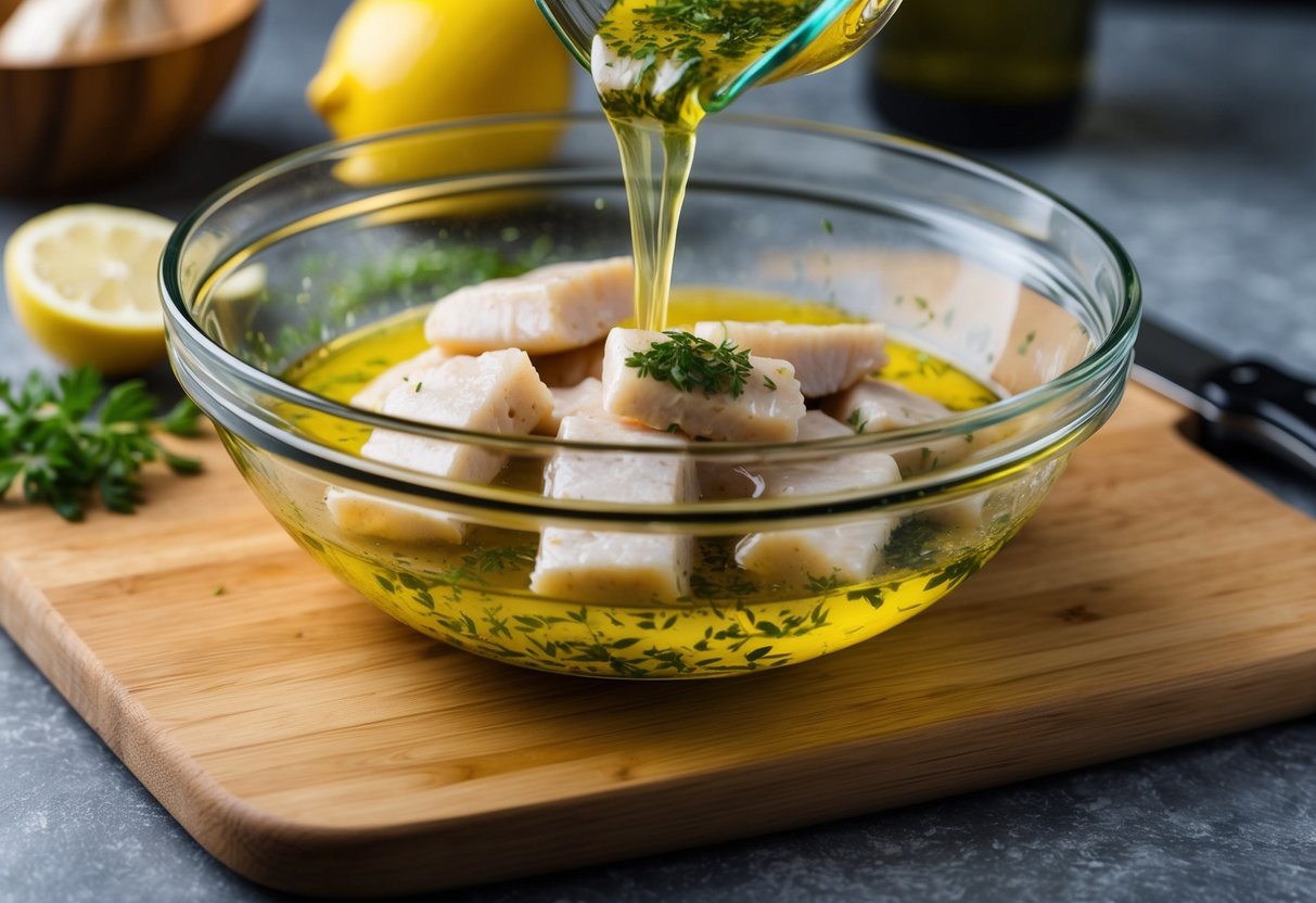 Swordfish nuggets being marinated in a mixture of olive oil, lemon juice, garlic, and herbs in a glass bowl on a wooden cutting board