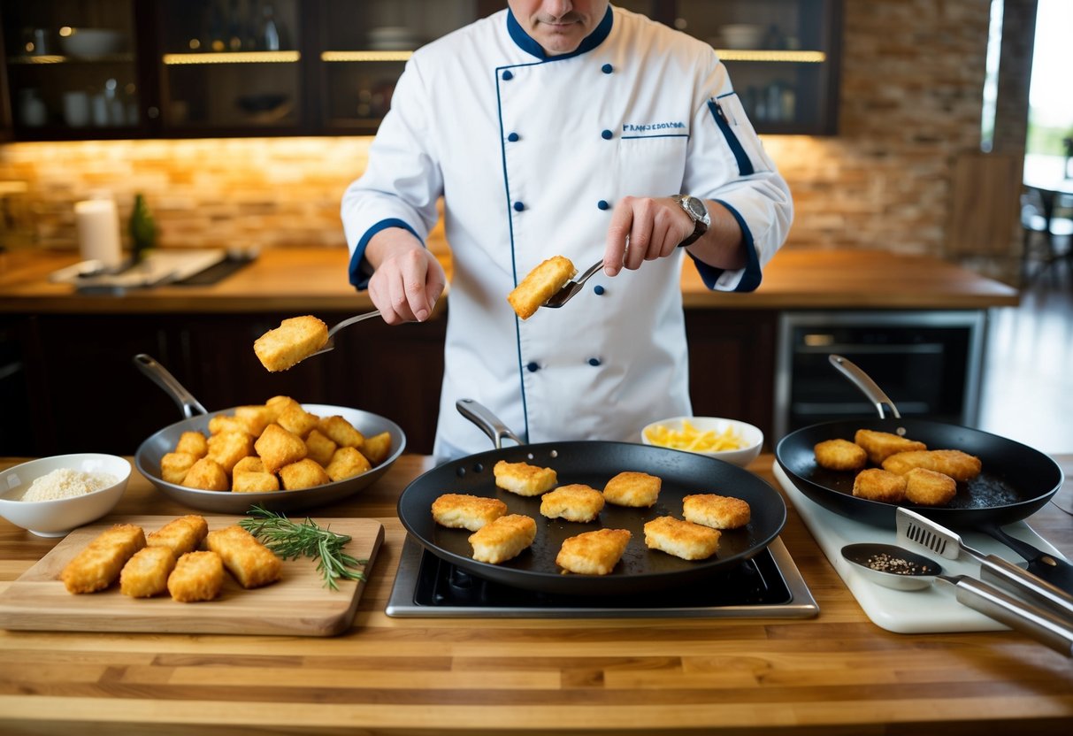 A chef prepares swordfish nuggets in various styles: grilling, frying, and baking. Ingredients and kitchen tools are laid out on a wooden countertop