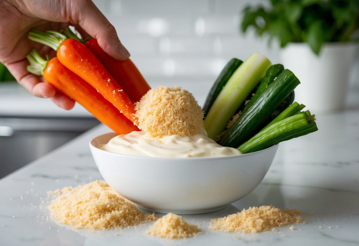 Fresh vegetables being dipped into a bowl of mayonnaise, then coated in breadcrumbs on a clean, well-lit kitchen counter