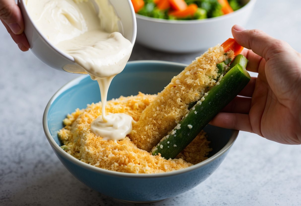 A bowl of mixed vegetables being coated with a layer of mayonnaise before being dipped into a bowl of breading mixture