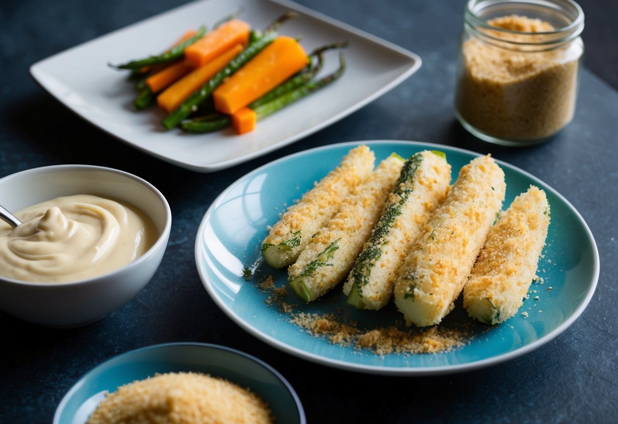 A bowl of mayo sits beside a plate of breaded vegetables. A jar of breadcrumbs and a dish of alternative ingredients are nearby